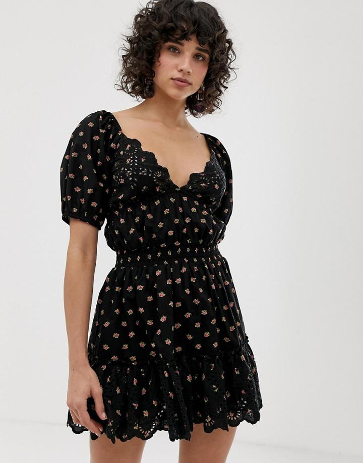 Asos Design Sweetheart Broderie Mini Dress With Elasticated Waist In Ditsy Print-multi