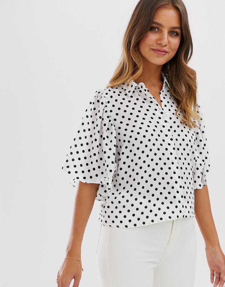 Asos Design Cropped Blouse With Flutter Sleeve In Polka Dot - Multi
