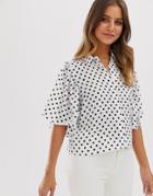 Asos Design Cropped Blouse With Flutter Sleeve In Polka Dot - Multi