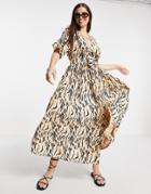 Asos Design Knot Front Button Through Maxi Dress In Natural Animal Print-multi