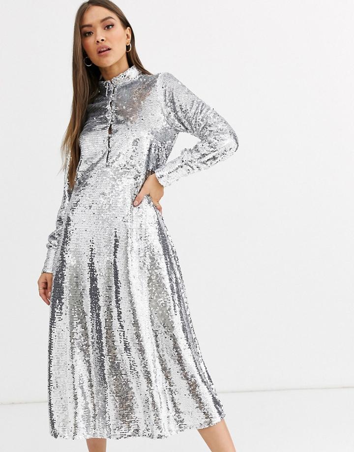 Neon Rose Midi Shirt Dress With Full Skirt In Sequin