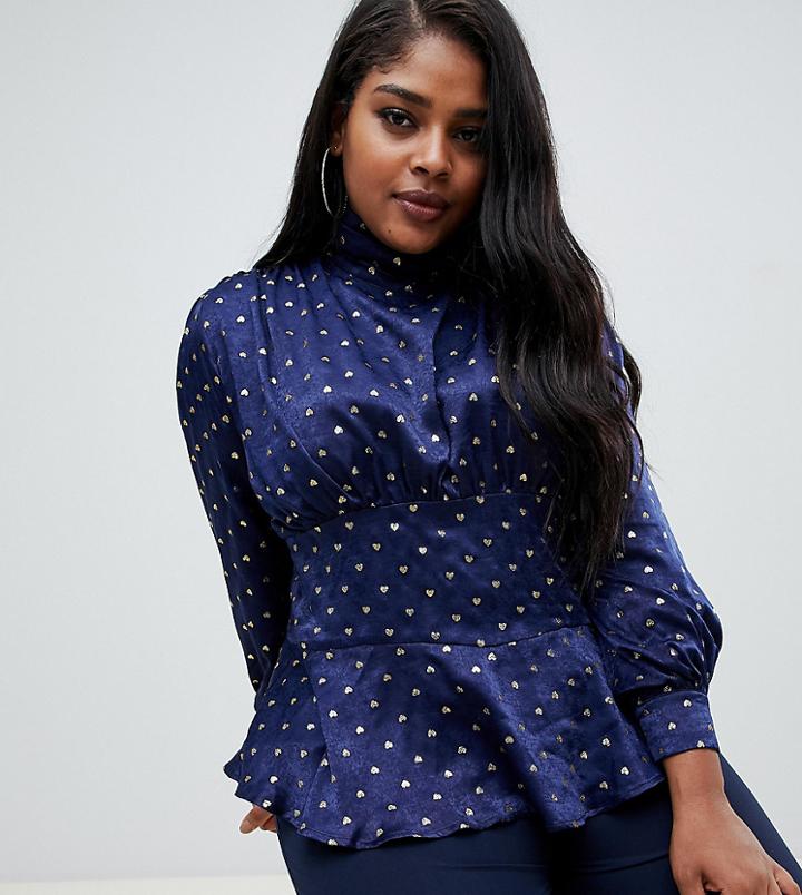 Fashion Union Plus High Neck Blouse In Luxe Satin - Navy