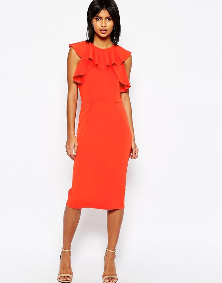 Asos Pencil Dress With Ruffle Detail - Orange