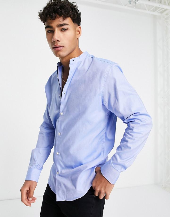 Selected Homme Shirt With Grandad Collar In Light Blue-blues