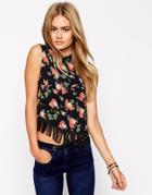 Asos Sleeveless Floral Cropped Blouse With Fringing - Multi