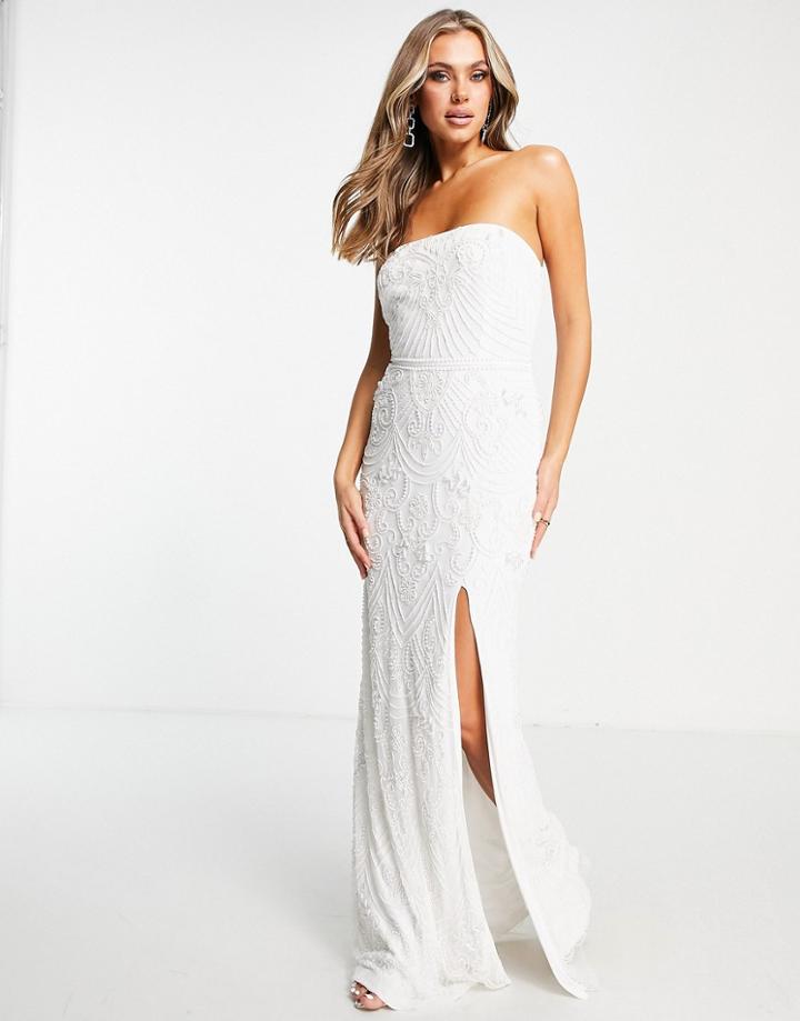 Lace & Beads Bridal Embellished Bandeau Maxi Dress In Ivory-white