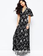 Reclaimed Vintage Maxi Tea Dress With Ruffle Top & Button Front In Floral - Black