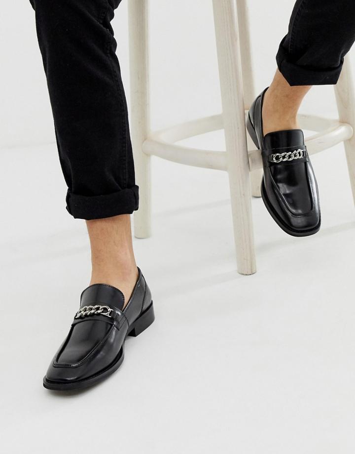Asos Design Square Toe Loafers In Black Leather With Chain - Black