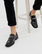 Asos Design Square Toe Loafers In Black Leather With Chain - Black