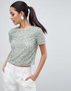 Asos Design T-shirt With Sequin Embellishment - Green