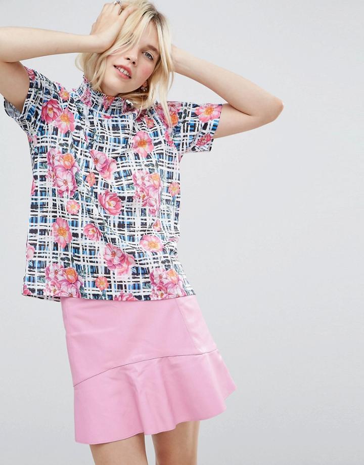 Asos Top With Shirred Neck In Floral Check Print - Multi