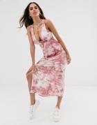 Asos Design Slinky Tie Dye Knot Detail Midi Dress - Multi