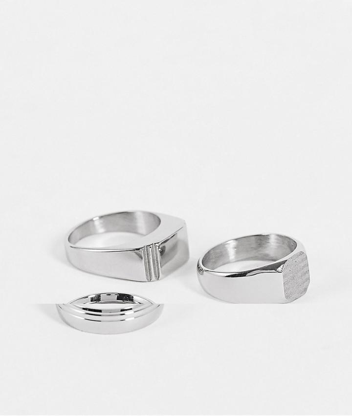 Asos Design 3 Pack Stainless Steel Mixed Signet Ring Set In Silver Tone