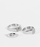 Asos Design 3 Pack Stainless Steel Mixed Signet Ring Set In Silver Tone