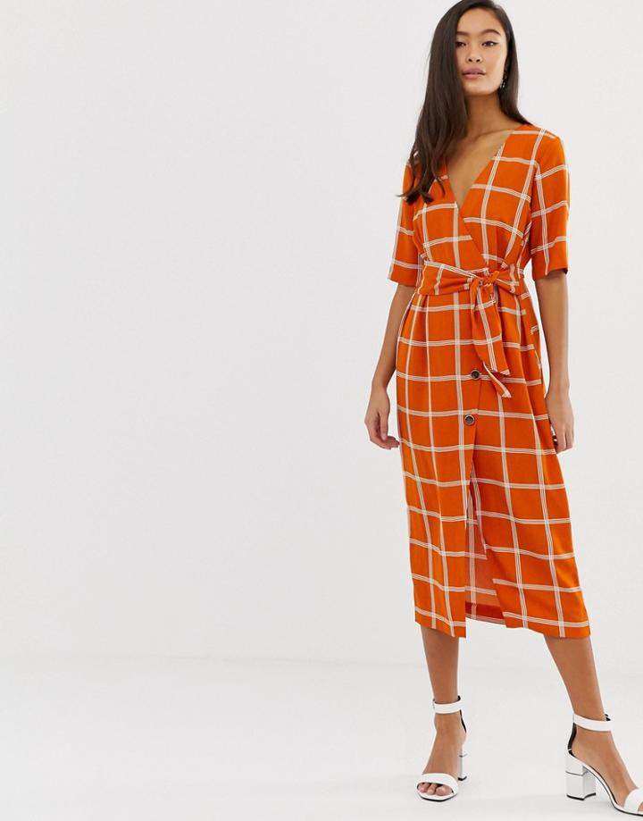 Miss Selfridge Midi Wrap Dress In Check - Multi
