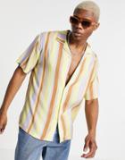 Pull & Bear Shirt With Revere Collar In Yellow & Beige Vertical Stripes