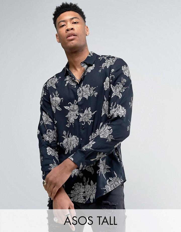 Asos Tall Regular Fit Viscose Shirt With Floral Print - Black