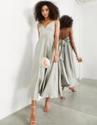 Asos Edition Satin Midi Dress With Tie Back In Sage Green