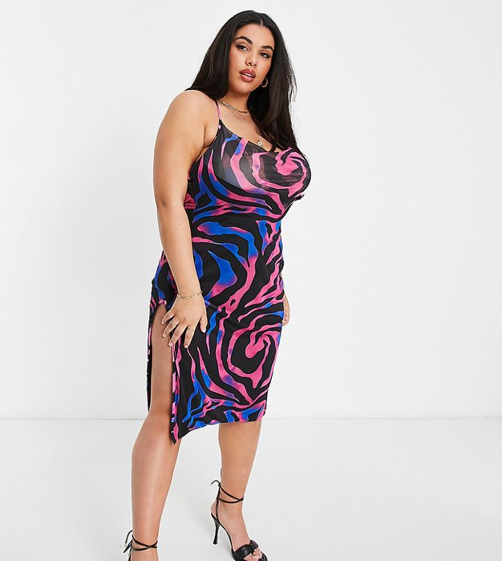 In The Style Plus Exclusive Strappy Back Cowl Neck Midi Dress In Pink Swirl Print-multi
