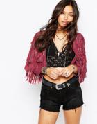 Asos Jacket In Leather With All Over Fringe - Red