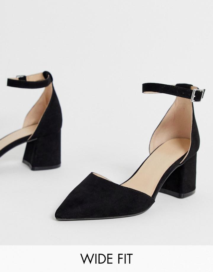 Simply Be Wide Fit Estee Pointed Block Heel Shoe With Ankle Strap In Black - Black