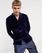 Asos Design Skinny Fit Velvet Shirt With Shawl Collar In Navy