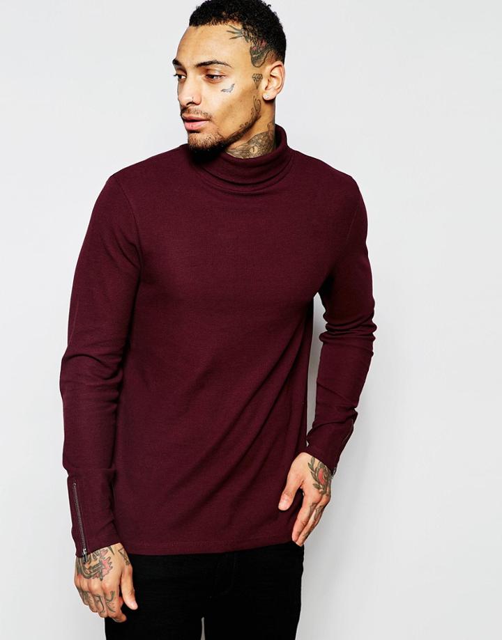 Asos Waffle Jersey Muscle Fit Long Sleeve T-shirt With Roll Neck - Oxblood