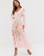 Asos Design Embroidered Wrap Maxi Dress With Long Sleeves-pink
