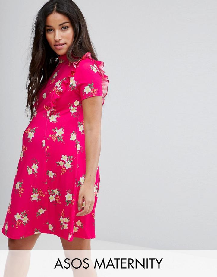 Asos Maternity Mini Tea Dress With Open Back And Frill - Pink