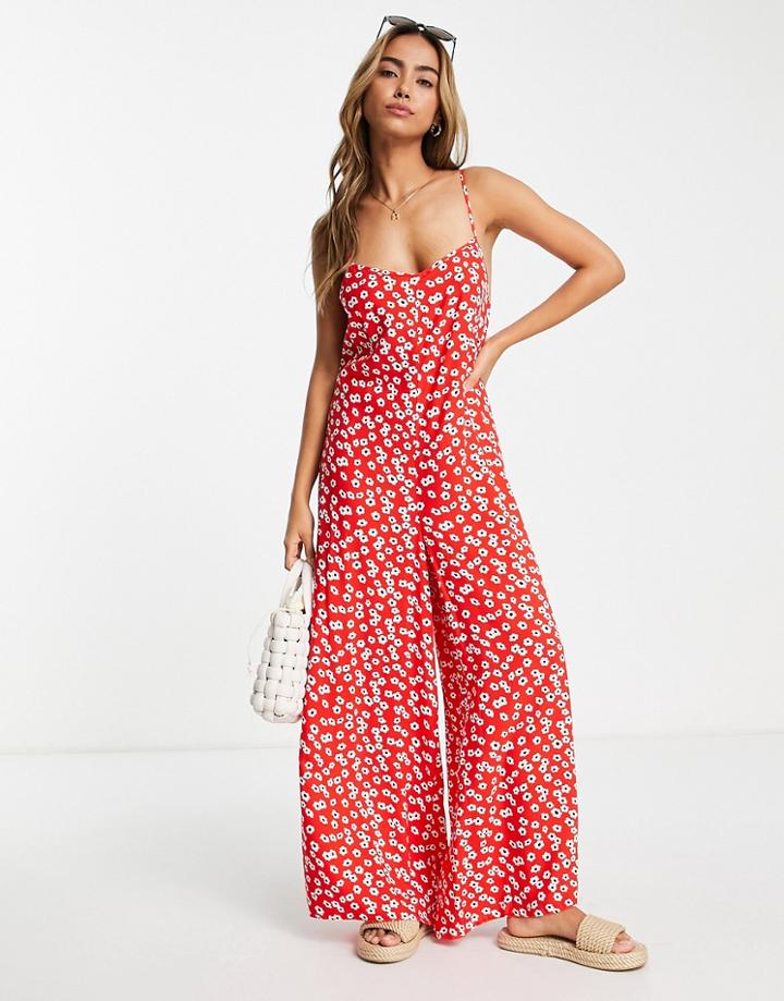 Asos Design Cami Tie Back Jumpsuit In Oversized Mono Red Ditsy Print-multi