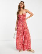 Asos Design Cami Tie Back Jumpsuit In Oversized Mono Red Ditsy Print-multi