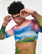 Asos Design Muscle Long Sleeve T-shirt In Scenic Print Mesh In Polyester - Multi