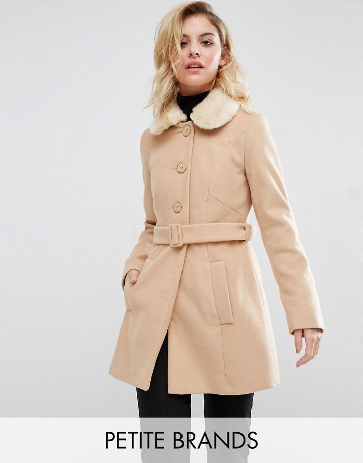 Miss Selfridge Petite Faux Fur Collar Coat - Beige