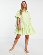 River Island Ruffle Mini Smock Shirt Dress In Green