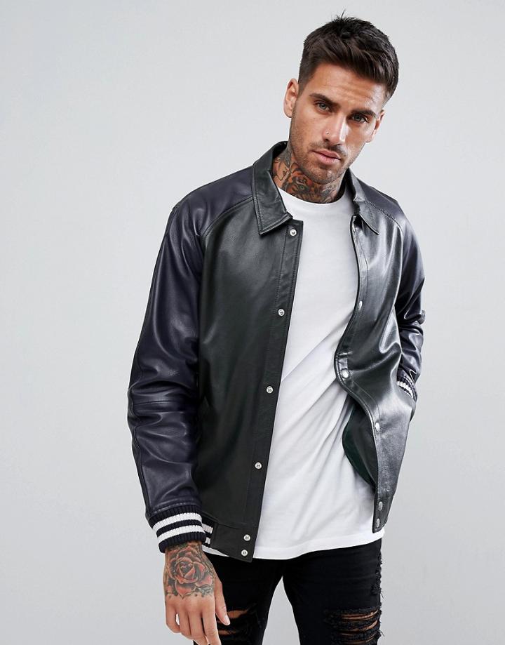 Asos Leather Varsity Jacket In Bottle Green - Green
