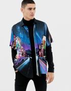 Asos Design Relaxed Satin City Scene Printed Shirt-multi