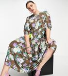 Asos Design Curve Midi Smock Dress In Grunge Floral Print-multi
