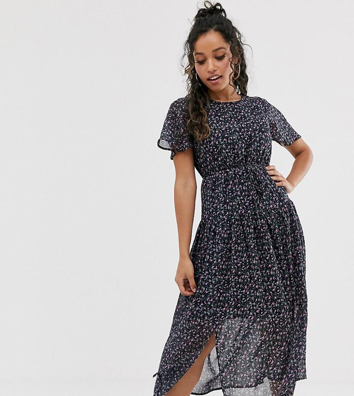 Fashion Union Petite Drop Hem Midi Dress In Black Floral - Multi