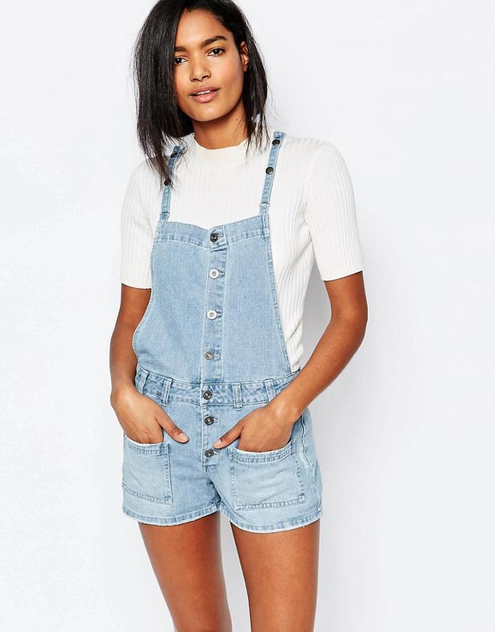 Vila Denim Button Front Romper - Light Blue Denim