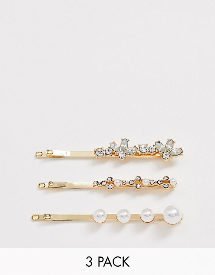 Monki 3-pack Hairclips In Gold