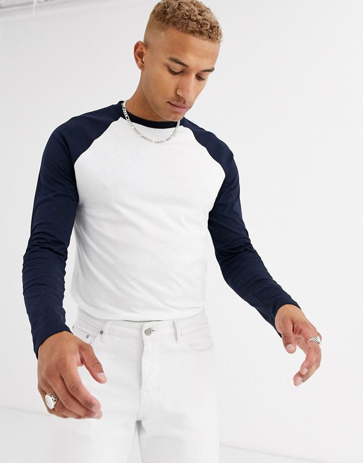 Asos Design Long Sleeve Raglan T-shirt With Crew Neck In White & Navy-multi