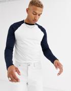 Asos Design Long Sleeve Raglan T-shirt With Crew Neck In White & Navy-multi