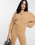 Asos Design Two-piece Off Shoulder Cable Sweater In Super Fluffy Yarn-stone