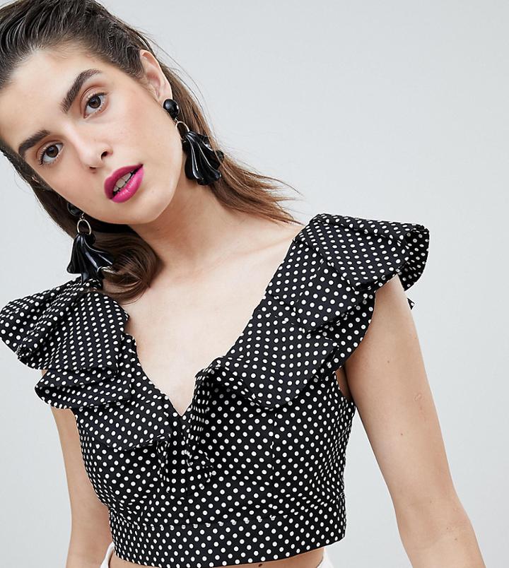 River Island Polka Dot Ruffle Detail Crop Top - Black