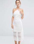 Dark Pink Premium Lace Midi Dress With Bardot Sleeves - White