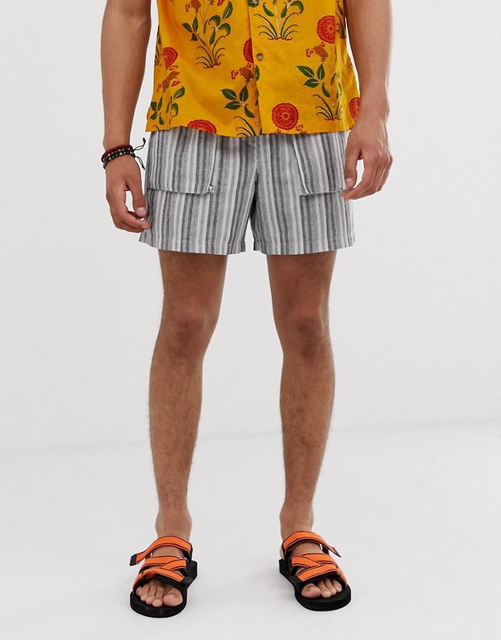 Asos Design Slim Shorter Shorts In Gray Linen Mix Stripe