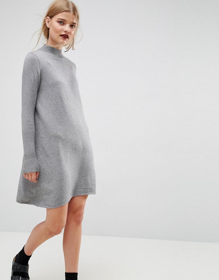 Asos Dress In Knit With High Neck In Cashmere Mix - Gray