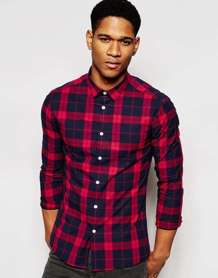 Asos Skinny Shirt In Navy Check - Navy