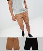 Asos Design 2 Pack Slim Chino Shorts In Black & Camel Save - Multi