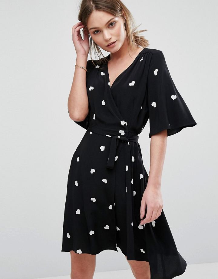 New Look Heart Print Wrap Dress - Black